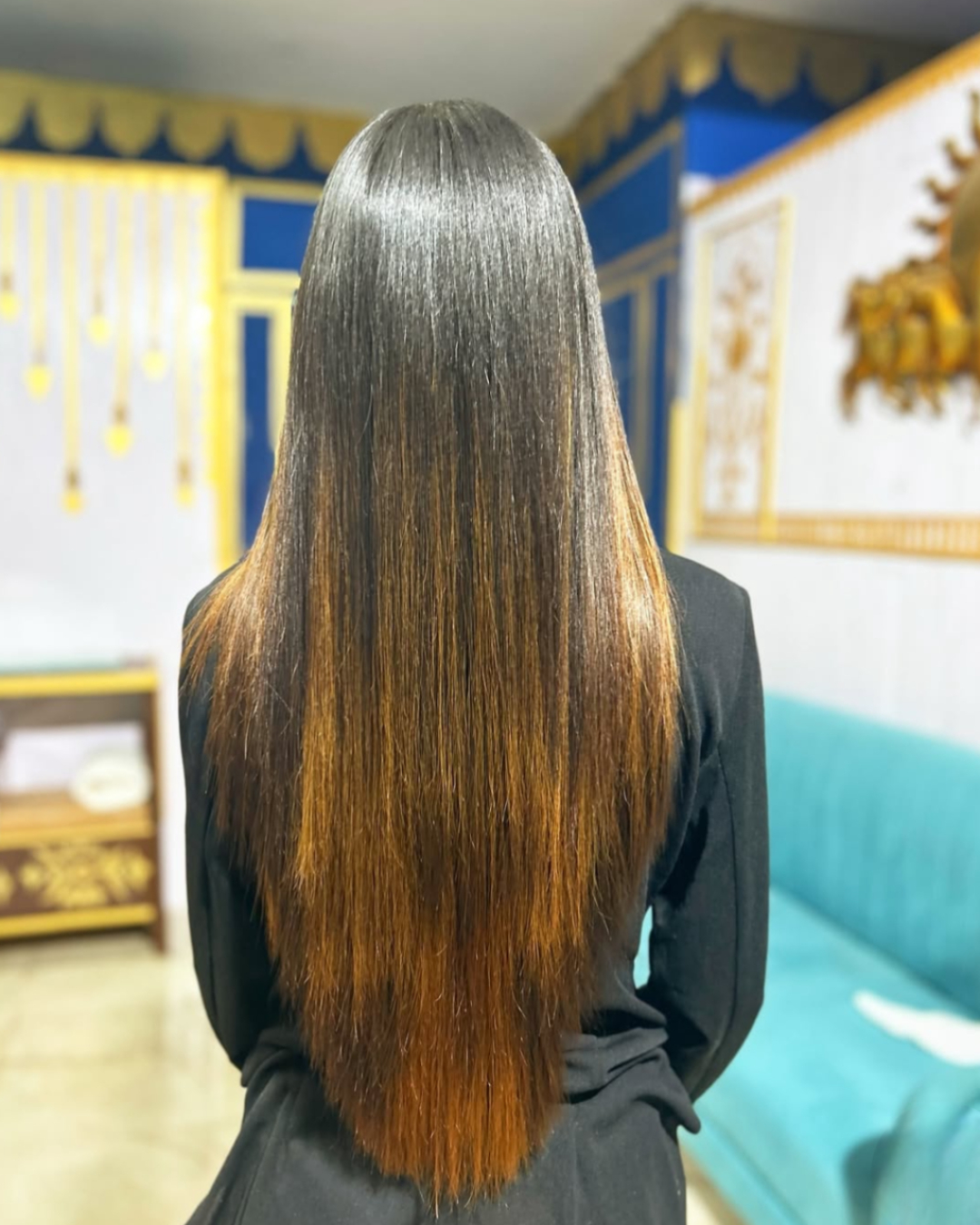 Long, straight hair with highlights